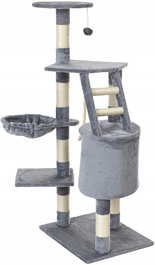 FUNFIT Drapak dla kota 120 cm z domkiem i legowiskiem – wieża z sizalu, 5 poziomów, szary