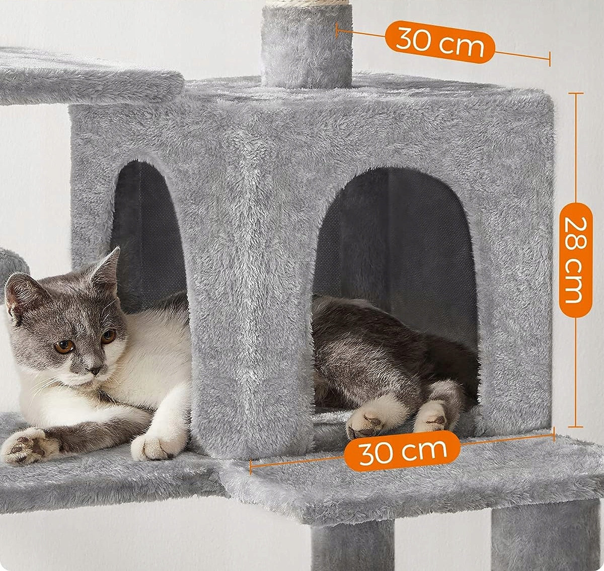 Drapak dla kota wysoki 143 cm z domkiem i platformami, sizal i plusz – szary