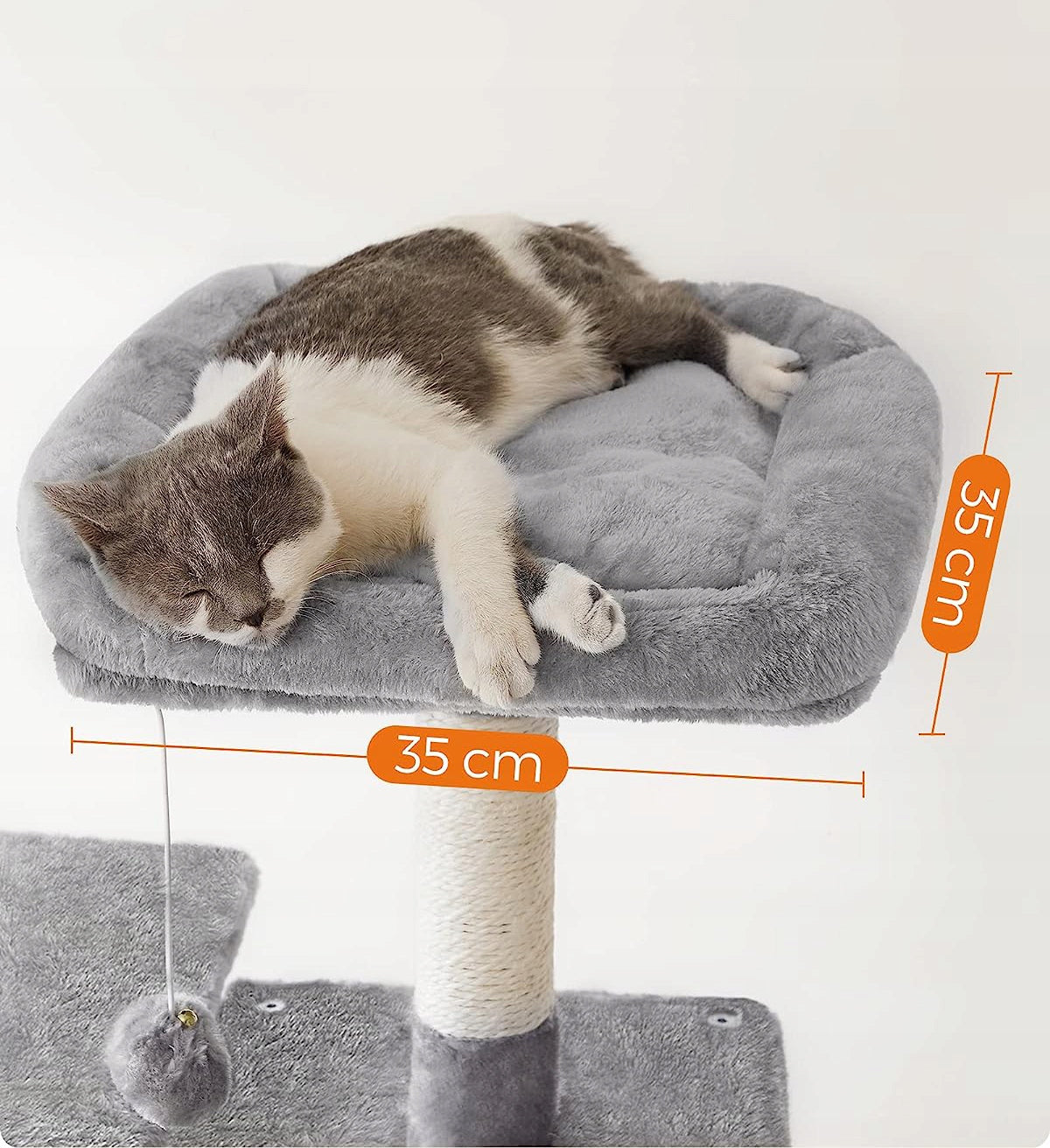 Drapak dla kota wysoki 143 cm z domkiem i platformami, sizal i plusz – szary