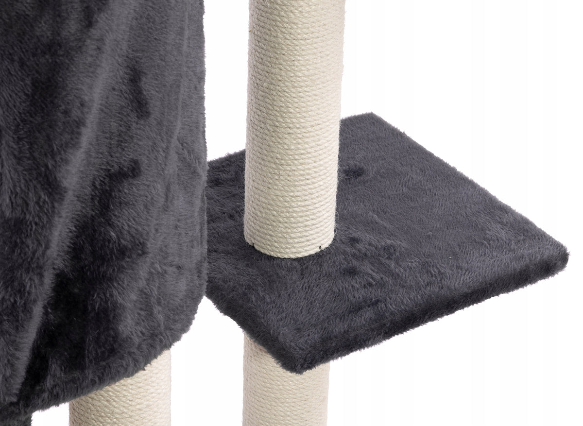 Drapak dla kota wysoki 138 cm wielopoziomowy z domkiem, hamakiem i sizalem – ciemnoszary