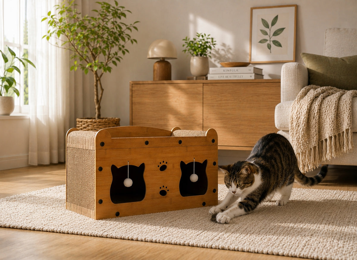 Drapak dla kota z domkiem 2w1 kartonowy 56 x 30 x 30 cm, legowisko z piłeczkami – brązowy