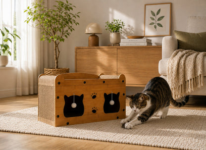 Drapak dla kota z domkiem 2w1 kartonowy 56 x 30 x 30 cm, legowisko z piłeczkami – brązowy