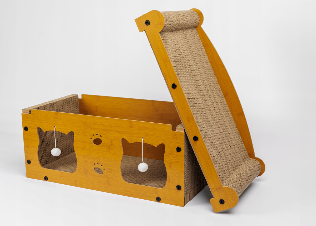 Drapak dla kota z domkiem 2w1 kartonowy 56 x 30 x 30 cm, legowisko z piłeczkami – brązowy