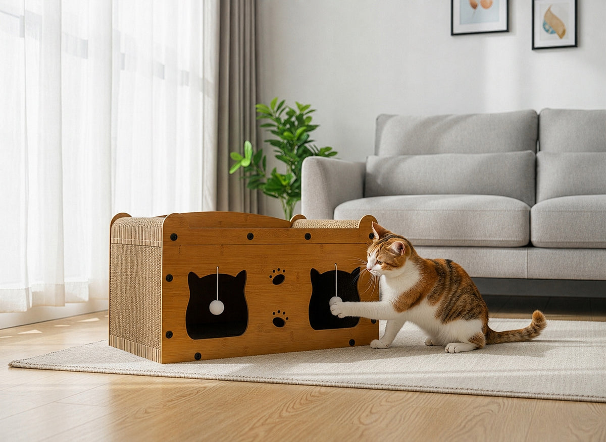 Drapak dla kota z domkiem 2w1 kartonowy 56 x 30 x 30 cm, legowisko z piłeczkami – brązowy