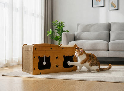 Drapak dla kota z domkiem 2w1 kartonowy 56 x 30 x 30 cm, legowisko z piłeczkami – brązowy