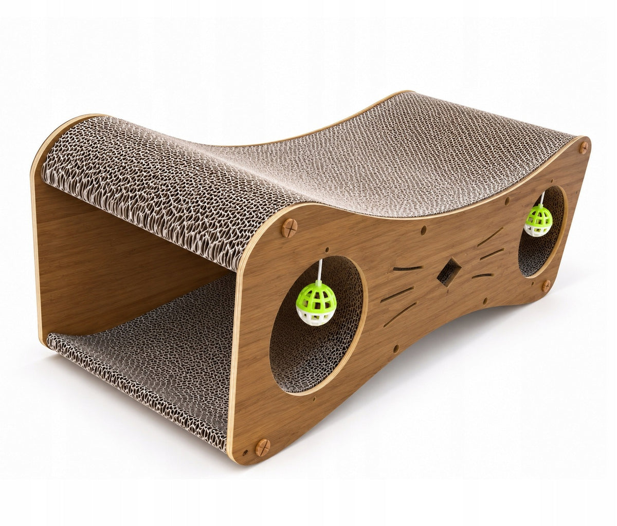 K&M Drapak tekturowy dla kota dwupoziomowy z legowiskiem 79x30x29 cm, 2 piłeczki – beżowy