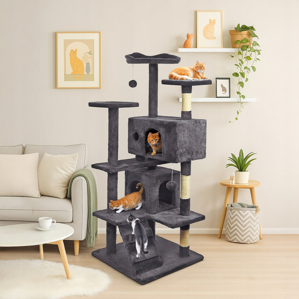 Mersjo Castle Prestige drapak dla kota 138 cm z sizalem, 2 domkami i legowiskiem – czarny