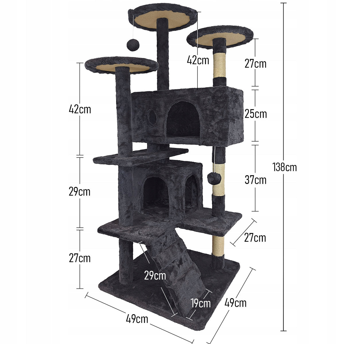 Mersjo Castle Prestige drapak dla kota 138 cm z sizalem, 2 domkami i legowiskiem – czarny