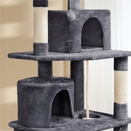 Drapak dla kota wieża 158 cm z domkiem i legowiskiem, 7 poziomów, sizal – ciemny szary