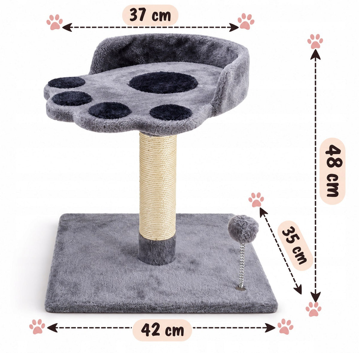 K&M Drapak dla kota z legowiskiem w kształcie łapki 48 cm, słupek z liną i zabawka – czarny