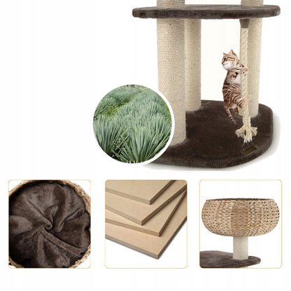 Drapak dla kota 103,5 cm z plecionym koszem i legowiskiem, 4 poziomy, sizal – brązowy