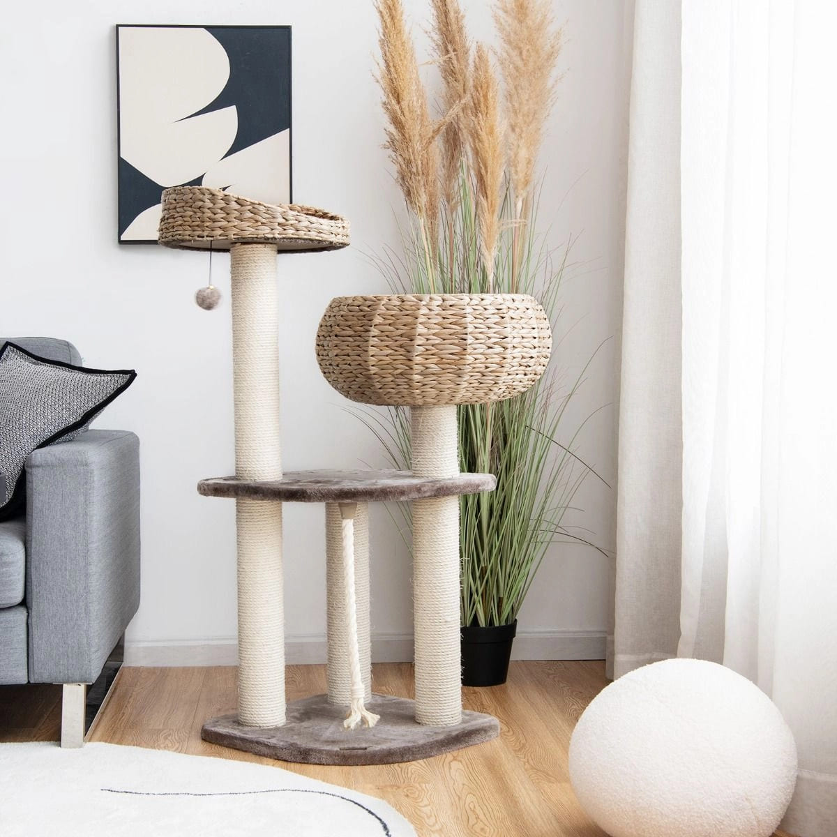 Drapak dla kota 103,5 cm z plecionym koszem i legowiskiem, 4 poziomy, sizal – brązowy