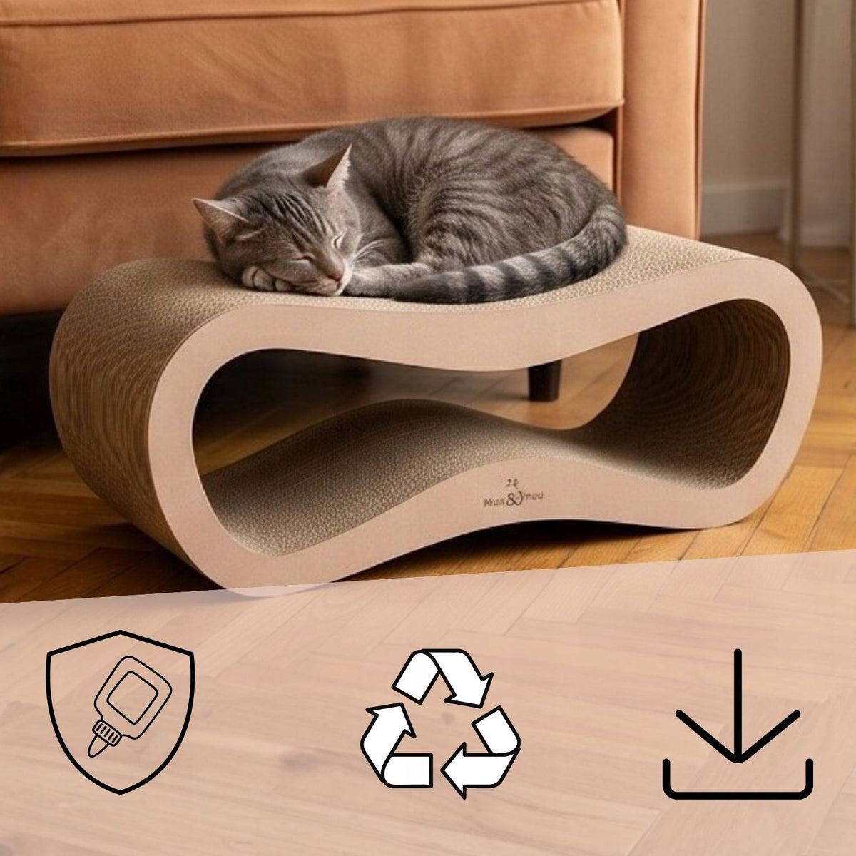 Mruu&Pruu Drapak legowisko dla kota z tektury falistej 78 cm, dwustronny – Leon, cappuccino