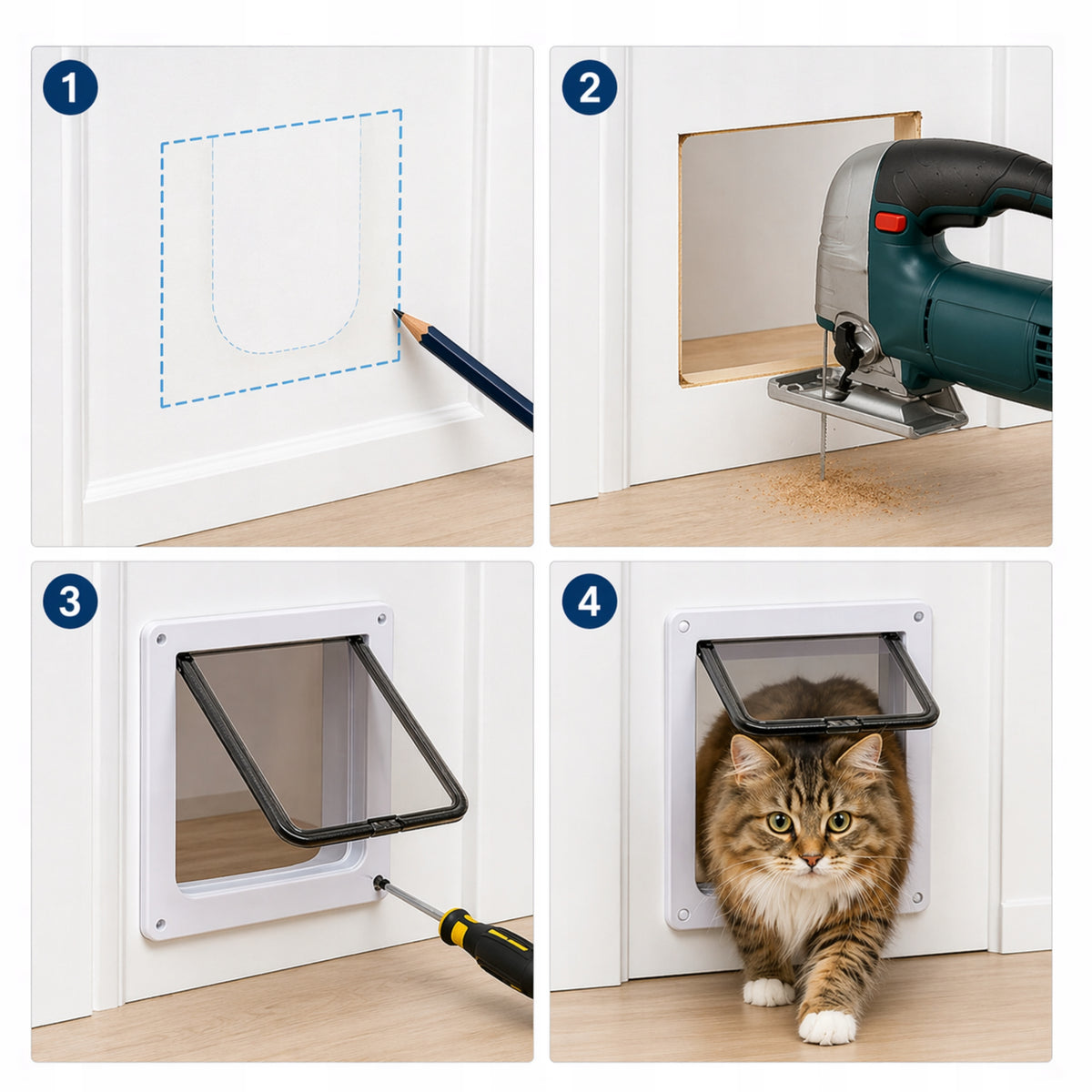 Drzwiczki wahadłowe dla psa i kota 25 x 28 cm z zamkiem 4 way i magnesem – białe