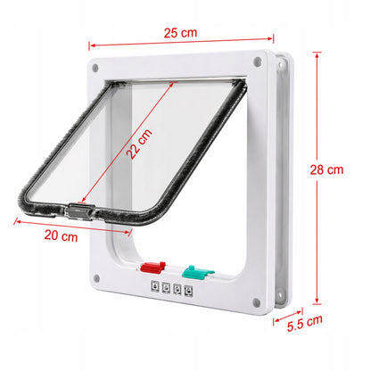 Drzwiczki wahadłowe dla psa i kota 25 x 28 cm z zamkiem 4 way i magnesem – białe