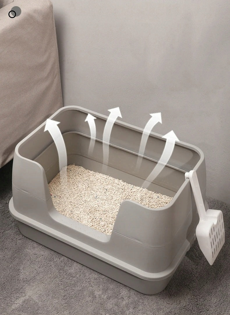 Duża kuweta dla kota otwarta z wysokim rantem 55 x 37 cm, z łopatką, ABS – szara