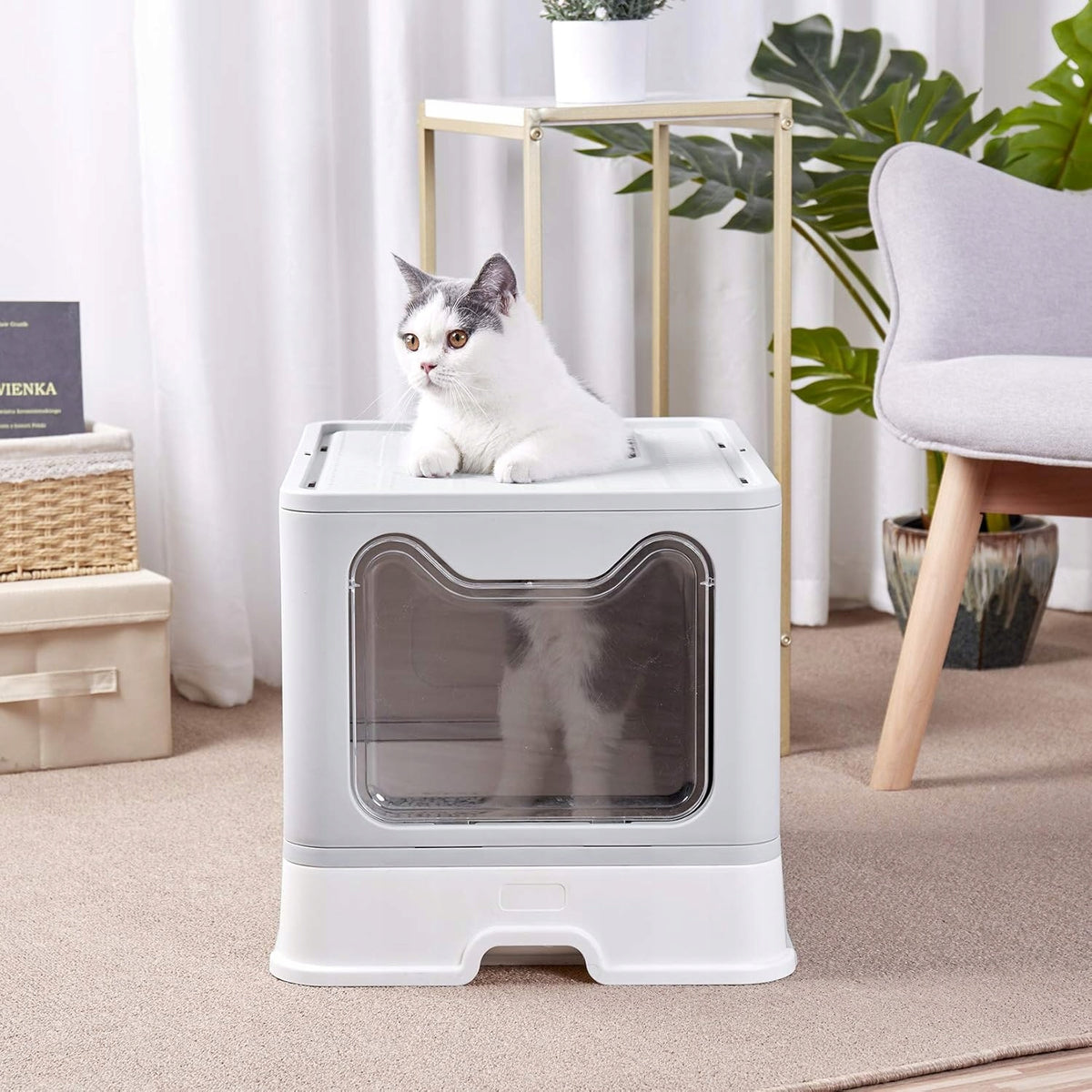 Anytech Kuweta dla kota zamknięta z szufladą i łopatką 50x40x47 cm, kryta – szara