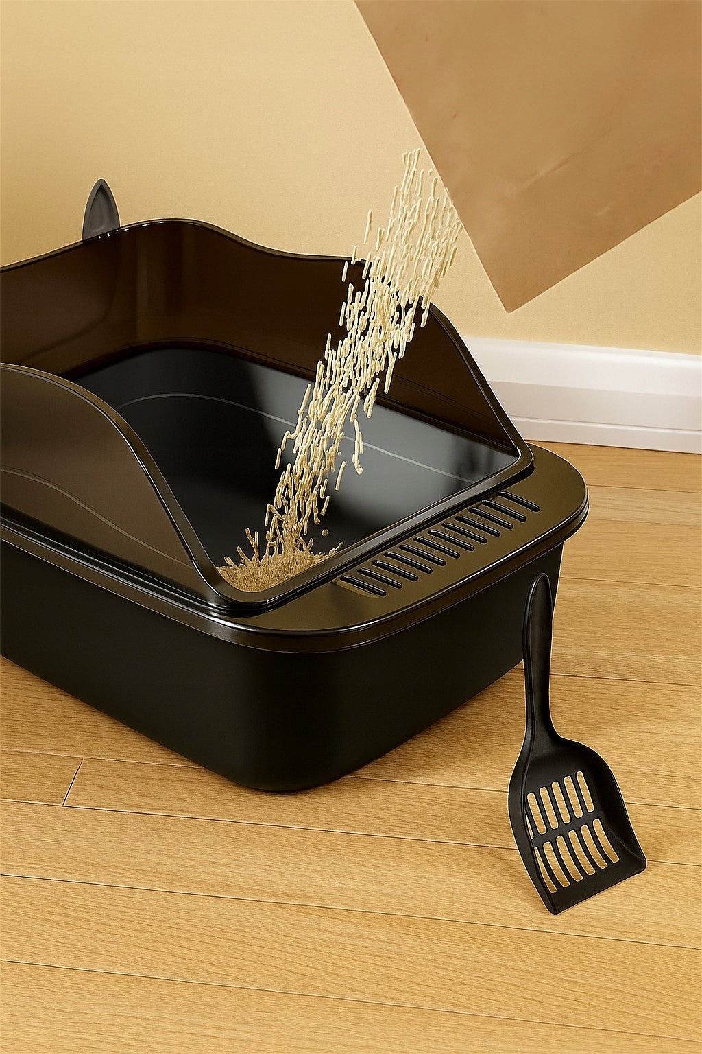 Anytech Duża kuweta dla kota otwarta 49 x 36 x 18 cm z łopatką i ramą – czarna