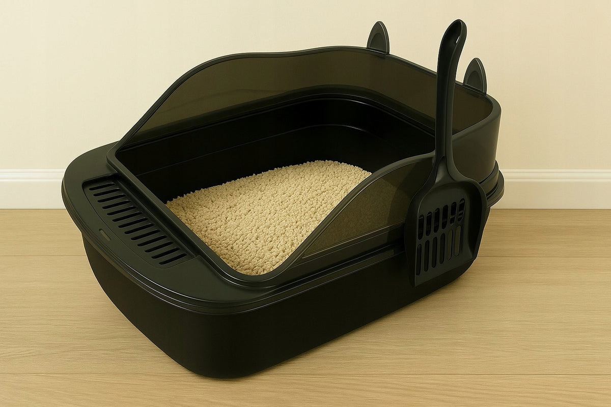 Anytech Duża kuweta dla kota otwarta 49 x 36 x 18 cm z łopatką i ramą – czarna