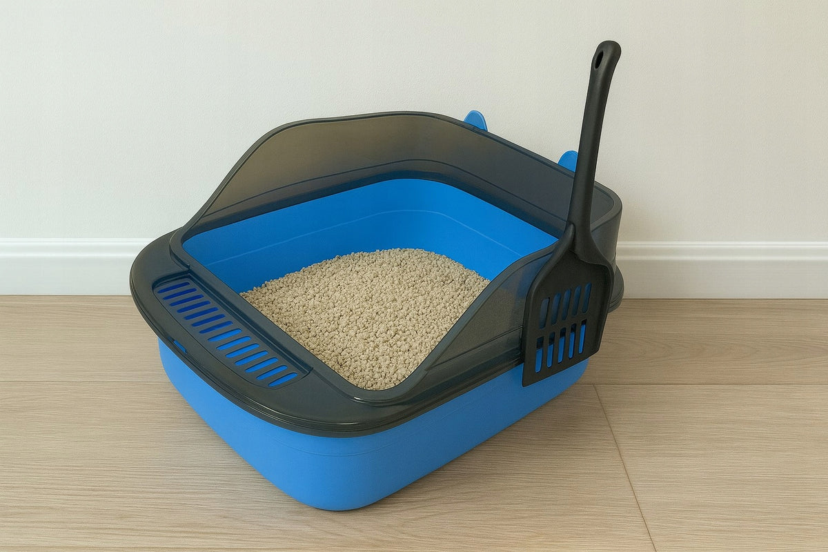 Anytech Duża kuweta dla kota otwarta 49 x 36 x 18 cm z ramą i łopatką – niebieska