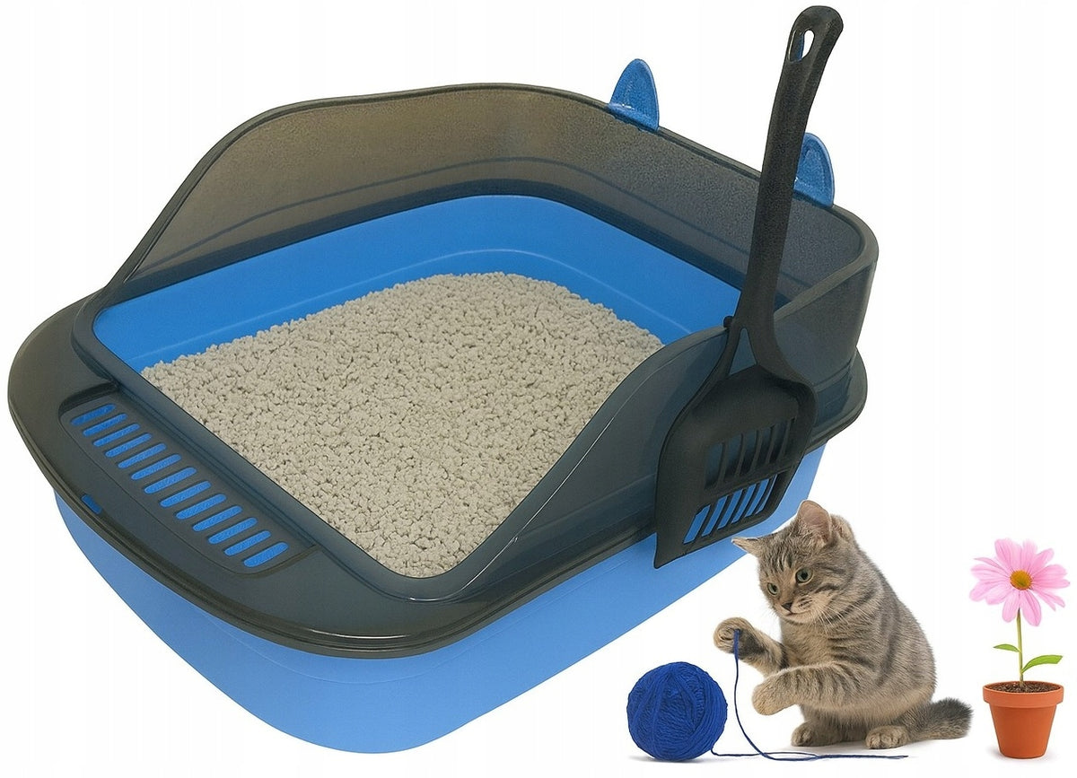 Anytech Duża kuweta dla kota otwarta 49 x 36 x 18 cm z ramą i łopatką – niebieska