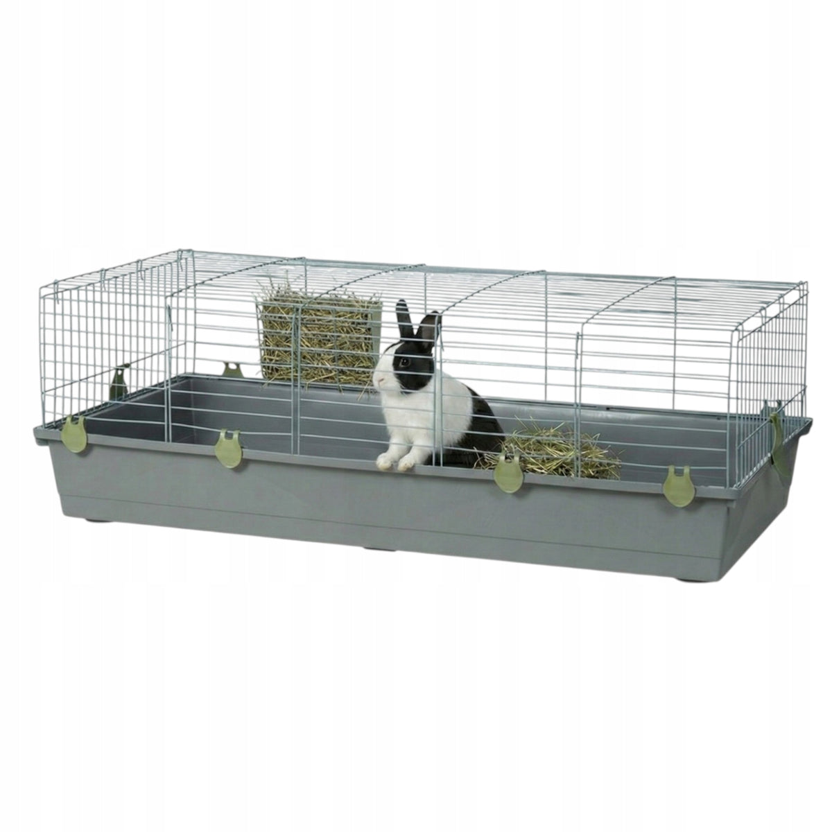 Voltrega Duża klatka dla królika 118 x 58 x 40 cm z paśnikiem, 2 wejścia – szaro-zielona