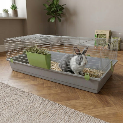 Voltrega Duża klatka dla królika 118 x 58 x 40 cm z paśnikiem, 2 wejścia – szaro-zielona