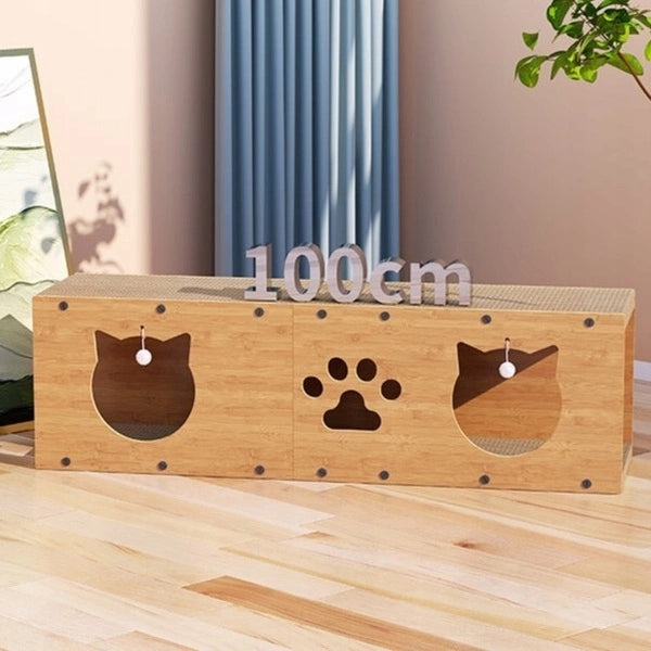 ECARLA Drapak dla kota z domkiem i zabawką, tekturowy, 2 poziomy 100x29x30 cm – brązowy