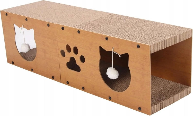 ECARLA Drapak dla kota z domkiem i zabawką, tekturowy, 2 poziomy 100x29x30 cm – brązowy