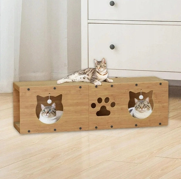 ECARLA Drapak dla kota z domkiem i zabawką, tekturowy, 2 poziomy 100x29x30 cm – brązowy