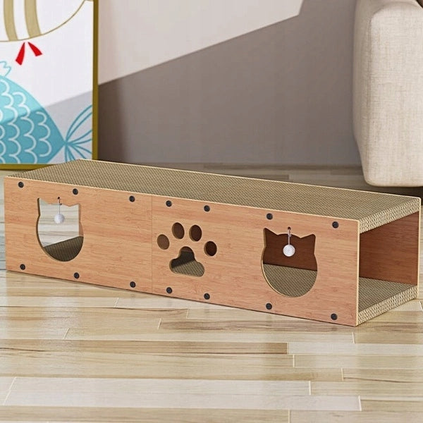 ECARLA Drapak dla kota z domkiem i zabawką, tekturowy, 2 poziomy 100x29x30 cm – brązowy