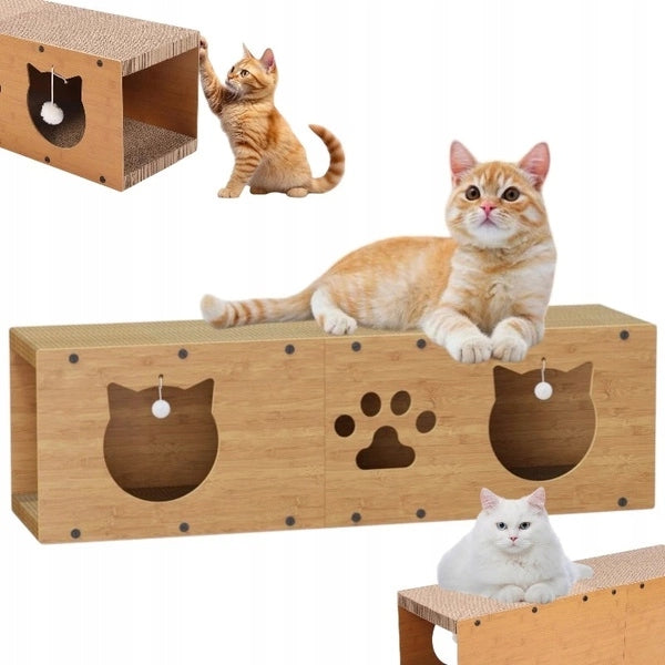 ECARLA Drapak dla kota z domkiem i zabawką, tekturowy, 2 poziomy 100x29x30 cm – brązowy