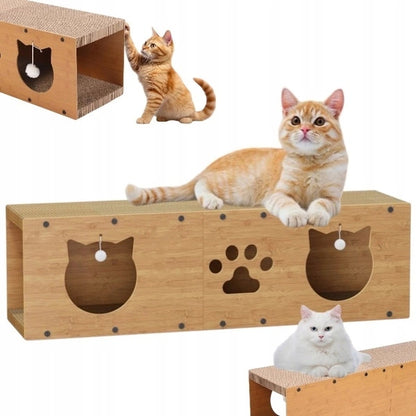ECARLA Drapak dla kota z domkiem i zabawką, tekturowy, 2 poziomy 100x29x30 cm – brązowy