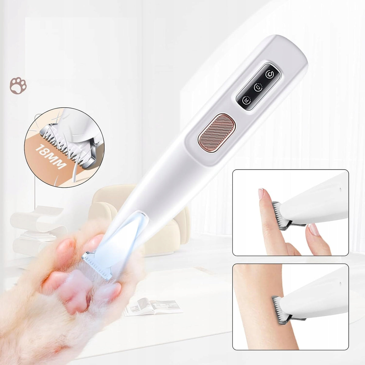 Trymer do łap dla psa i kota 18 mm bezprzewodowy z LED, wodoodporny – ładowanie USB