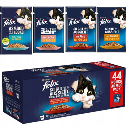 Felix Mokra karma dla kota w galaretce 44 x 85 g – bezzbożowa, mix mięsno-rybny