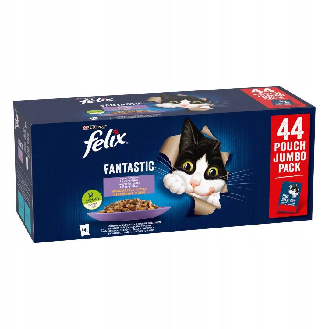Felix Mokra karma dla kota w galaretce 44 x 85 g – bezzbożowa, mix mięsno-rybny