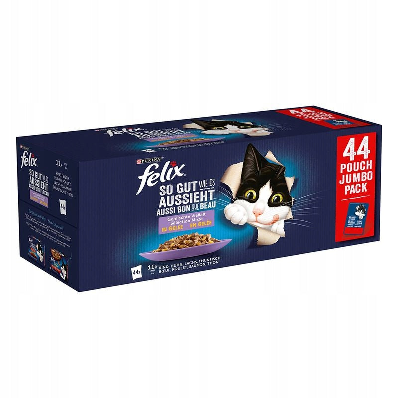 Felix Mokra karma dla kota w galaretce 44 x 85 g – bezzbożowa, mix mięsno-rybny