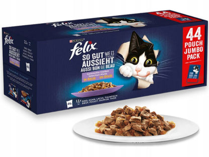 Felix Mokra karma dla kota w galaretce 44 x 85 g – bezzbożowa, mix mięsno-rybny