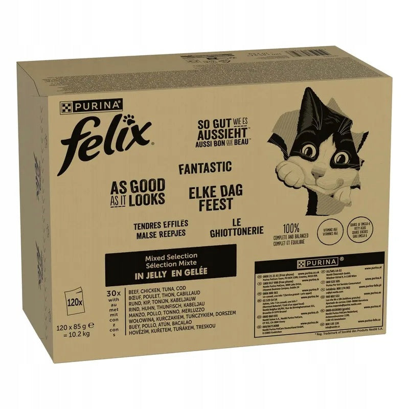 Felix Fantastic mokra karma dla kota w galaretce 120 x 85 g – mix smaków, 10,2 kg