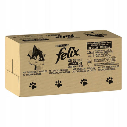 Felix Fantastic mokra karma dla kota w galarecie 120 x 85 g – mix ryb, saszetki