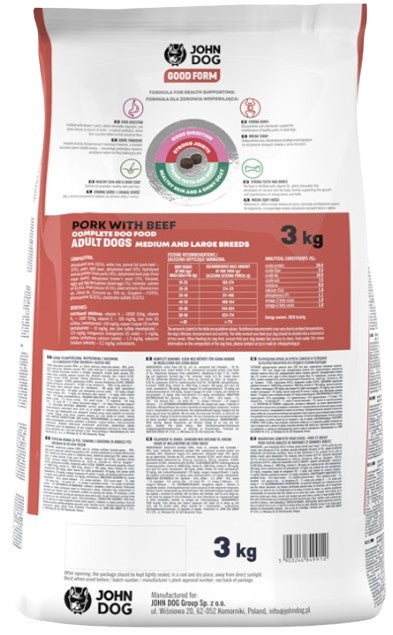 GOOD FORM John Dog sucha karma dla psa 3 kg bez drobiu, bezglutenowa – wieprzowina z wołowiną