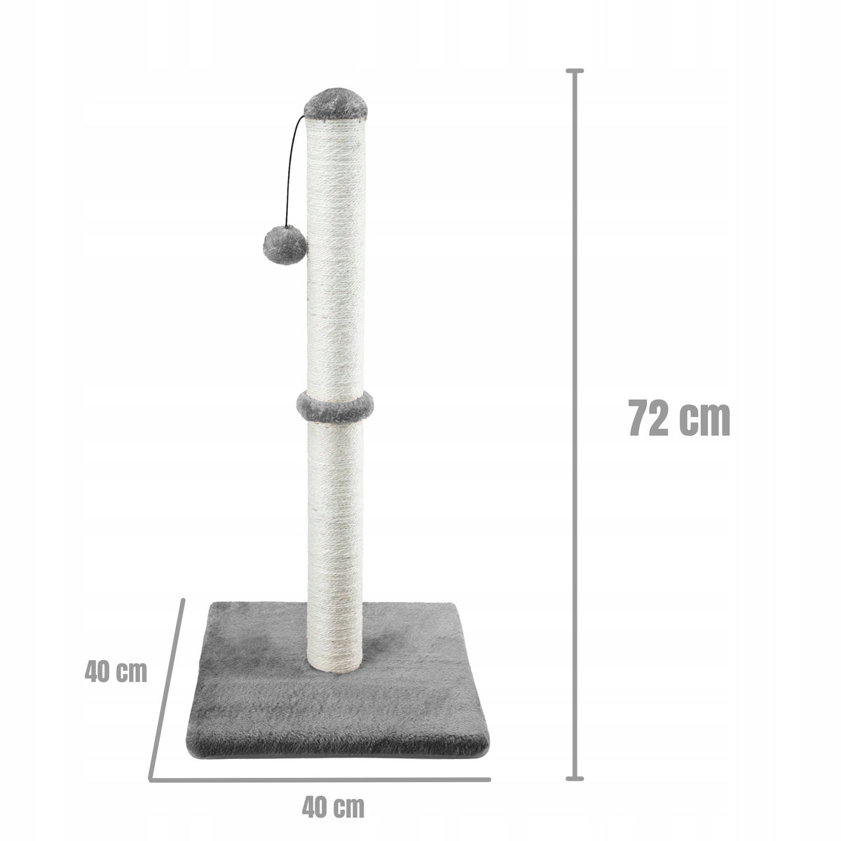 Gaczoo Drapak dla kota słupek z sizalu 72 cm z piłeczką, podstawa 40 x 40 cm – jasnoszary