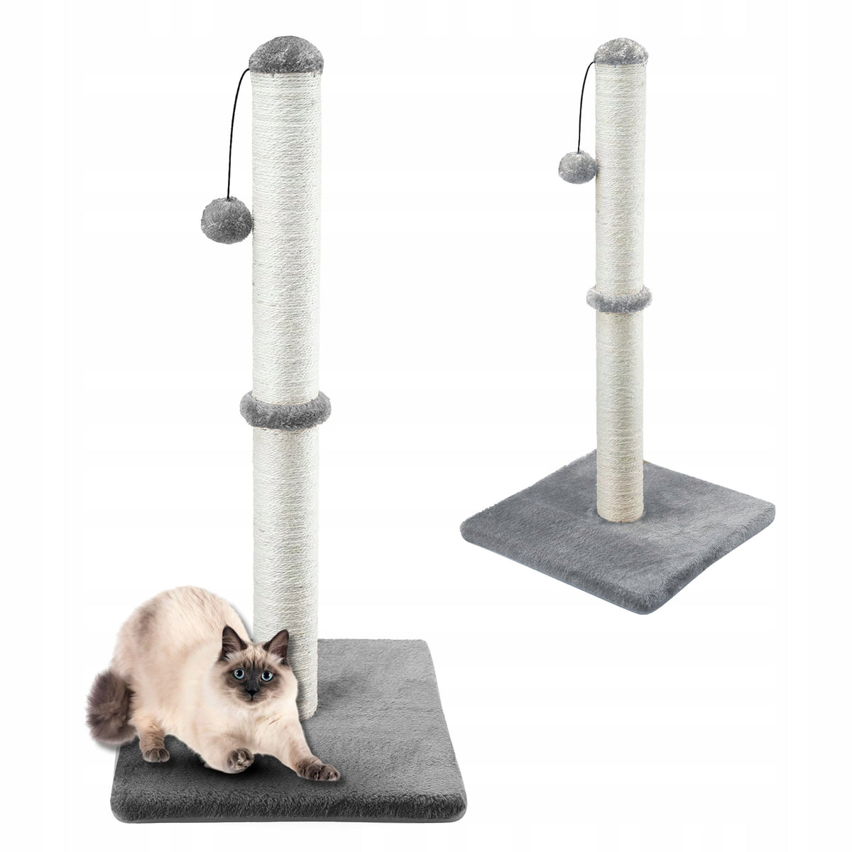 Gaczoo Drapak dla kota słupek z sizalu 72 cm z piłeczką, podstawa 40 x 40 cm – jasnoszary