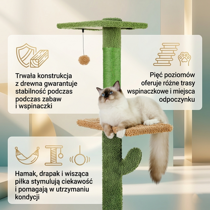 Drapak z drewna 5-poziomowy kocia wieża z hamakiem i kulą dla kota zielony