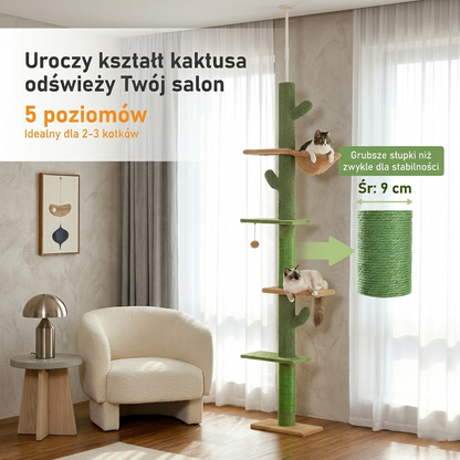 Drapak z drewna 5-poziomowy kocia wieża z hamakiem i kulą dla kota zielony