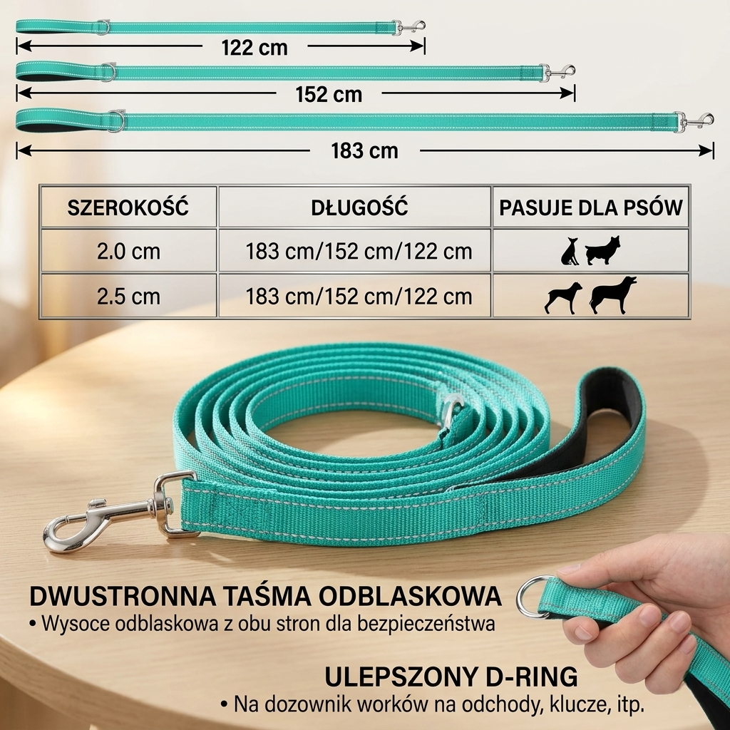 Smycz dla psa odblaskowa mocna – 1.2m 1.5m 1.8m | dla kota | spacerowa treningowa