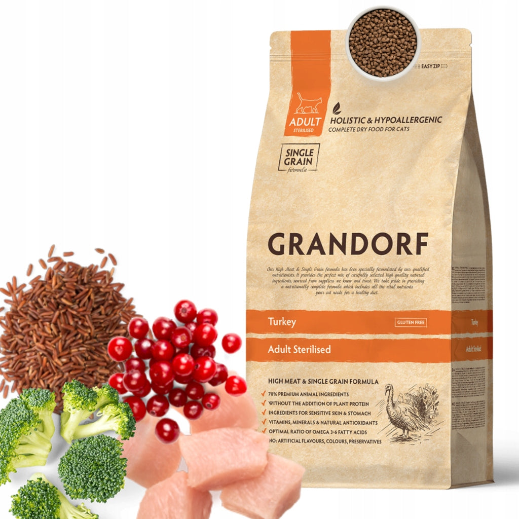 Grandorf sucha karma dla kota po sterylizacji 2 x 2 kg bezzbożowa monobiałkowa – indyk