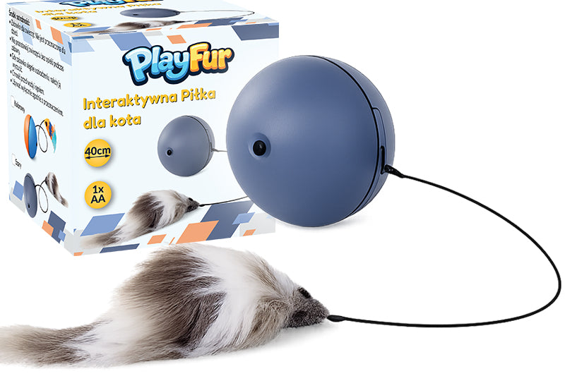PlayFur Interaktywna piłka dla kota z myszką na lince – samojezdna, 8 cm, na baterię AA