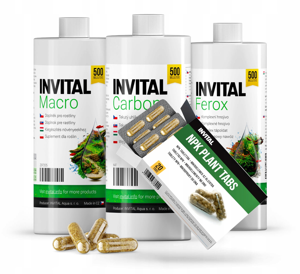 Invital Aqua Zestaw nawozów do akwarium 3 x 500 ml + tabletki NPK – Ferox, Macro, Carbon
