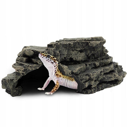 Jaskinia do terrarium 20 cm z żywicy, schodkowa z platformą dla gadów – szary granit